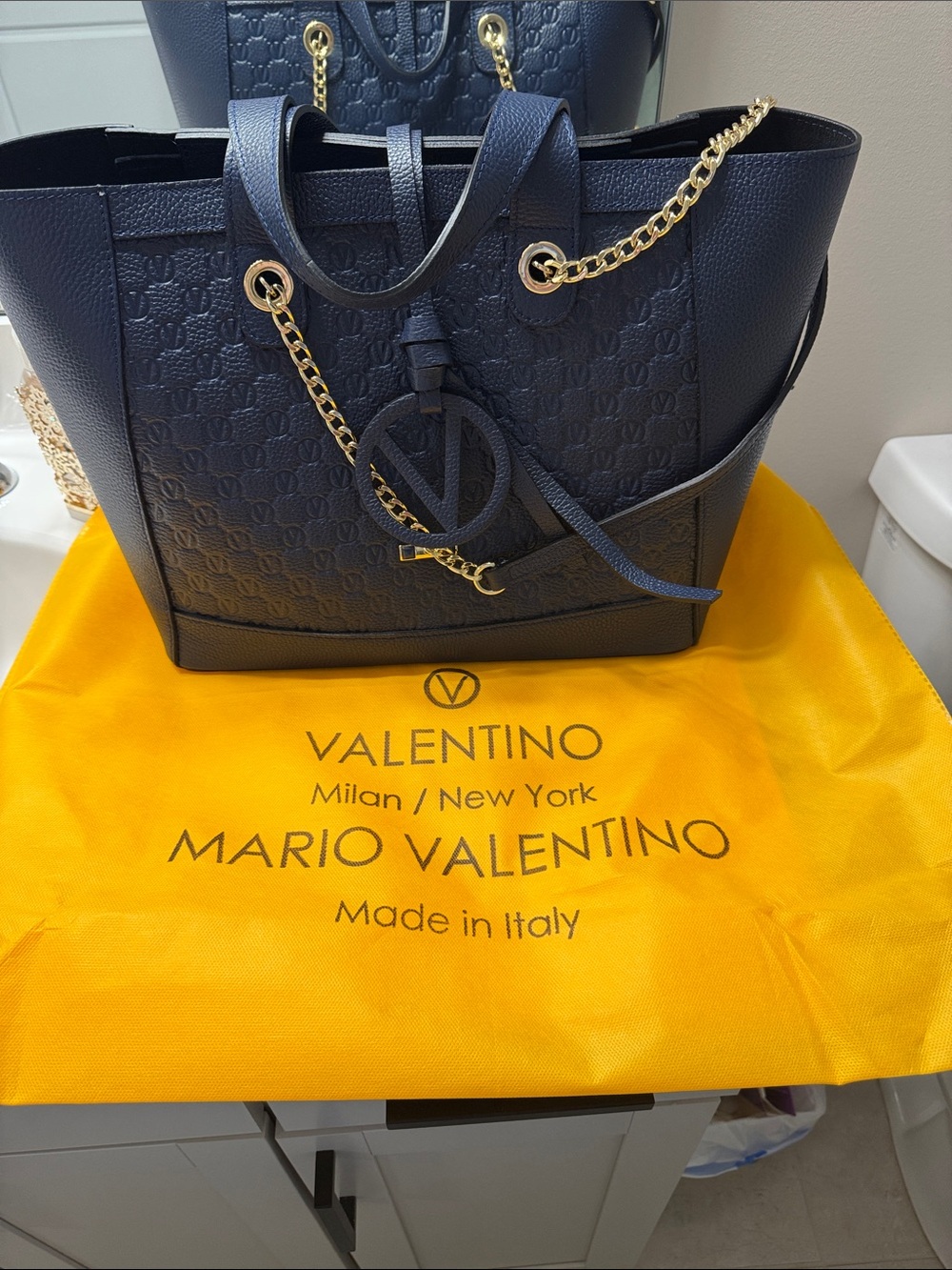 Valentino Navy Leather Tote with Gold Chain Hardware